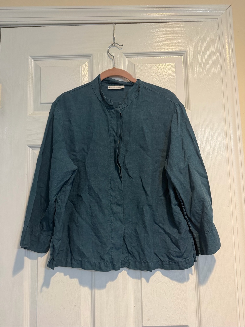bryn Walker Teal Band-Collar Button-Front Shirt Jacket